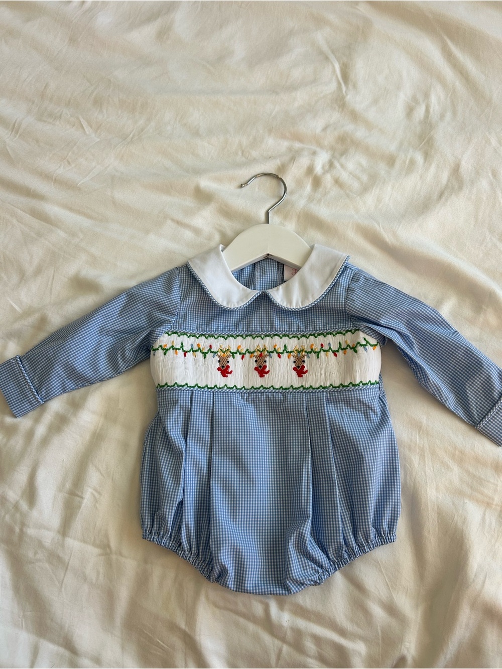 Stitchy Fish Reindeer Cheer Smocked Boy Bubble, Blue NWOT 6M